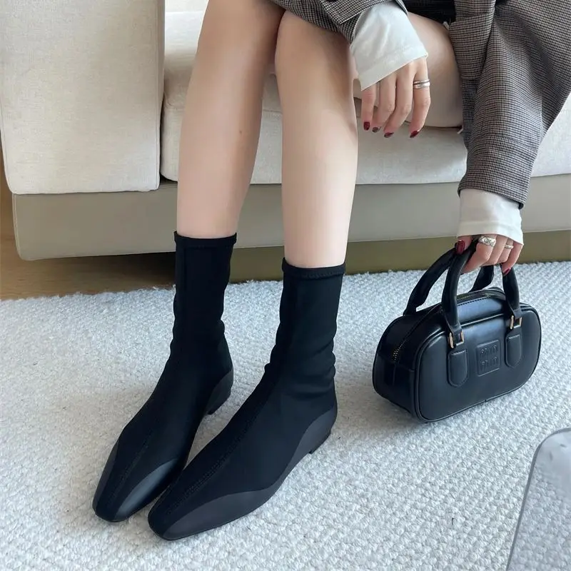 Black Flat Pointed Boots Woman Elastic Force Autumn Shoes  Comfort Low Heels Stretch Boots 2025 Ladies Shoes