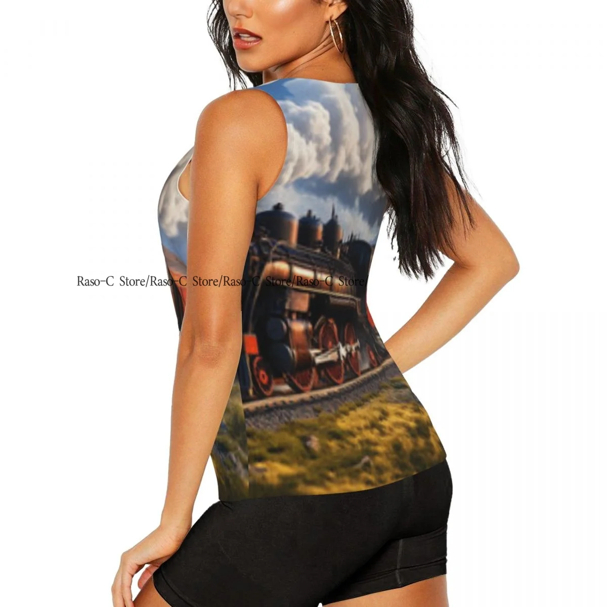 المرأة بلا أكمام اليوغا تانك الأعلى خمر قطار البخار السفر المناظر الطبيعية الجبلية سريعة الجافة تشغيل سترة رياضية قمصان اليوغا