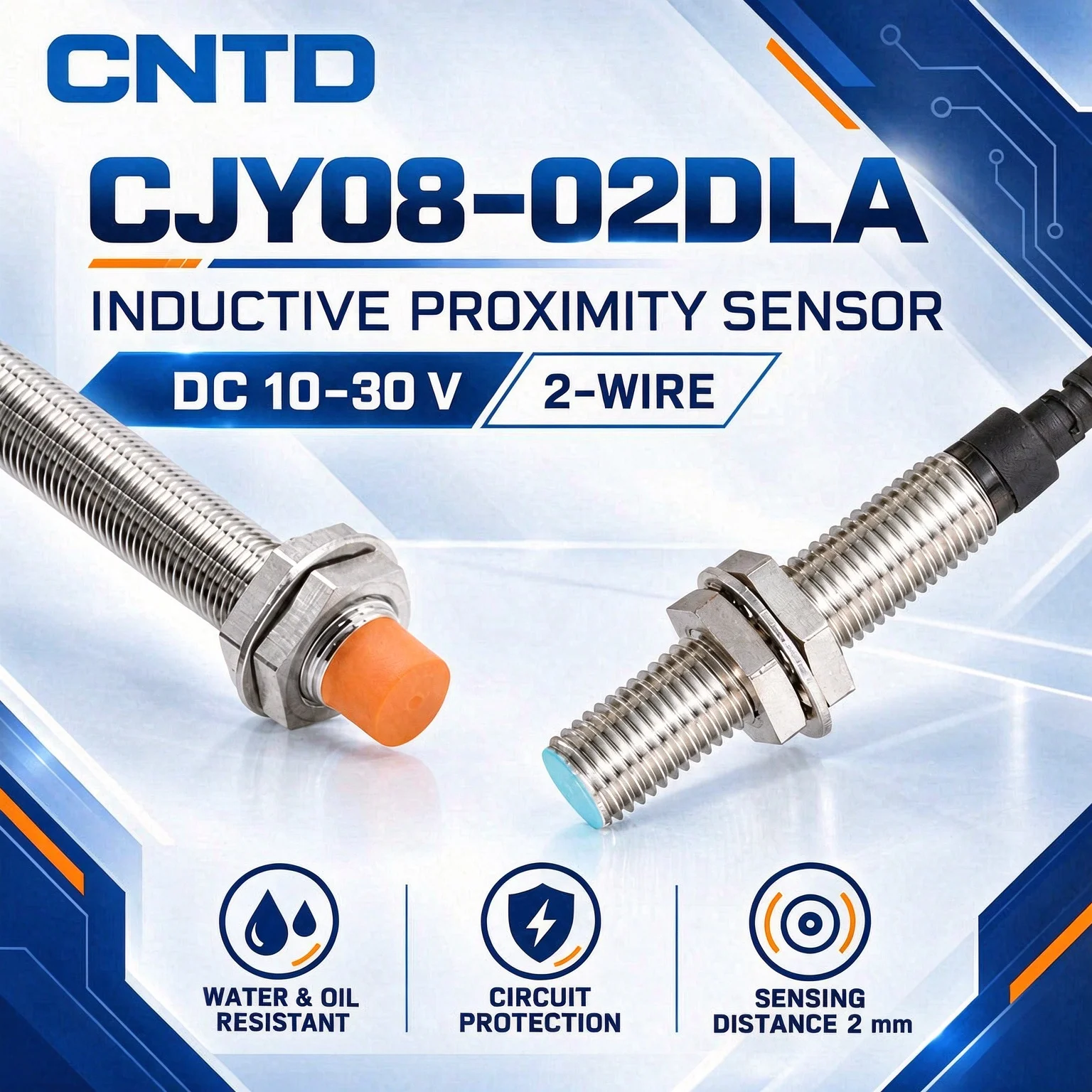 CNTD Inductive Proximity Switch CJY08-02DLA Sensor, M8, DC 2-wire, NO NC 24V cable length 1.5m 2m sensing distance 1mm 2mm
