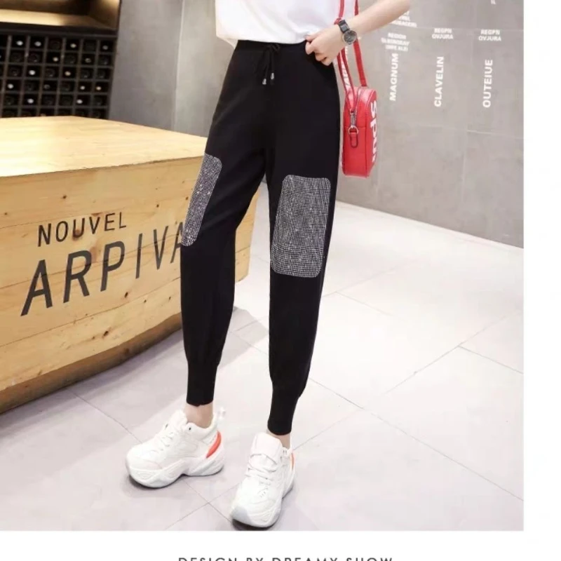 Heavy Industry Diamond Studded Loose Casual Pants for Women Black Autumn New Style Slimming Pants Harun Pants