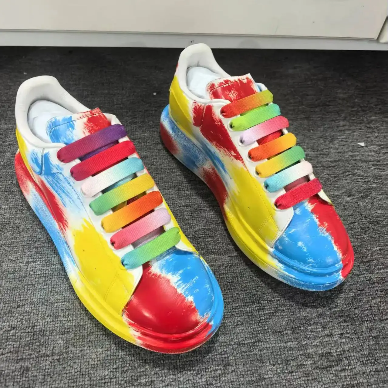 

Rainbow Colors Colorful Leather Sneakers Women And Men 35-46 Size Round Toe Thick Flat Sole Lace-Up Casual Sports Shoes Unisex