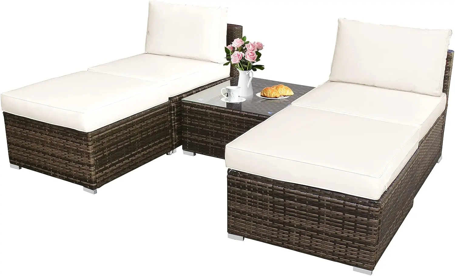 

Плетеный шезлонг из 5 предметов со стеклянным столом и моющимися подушками