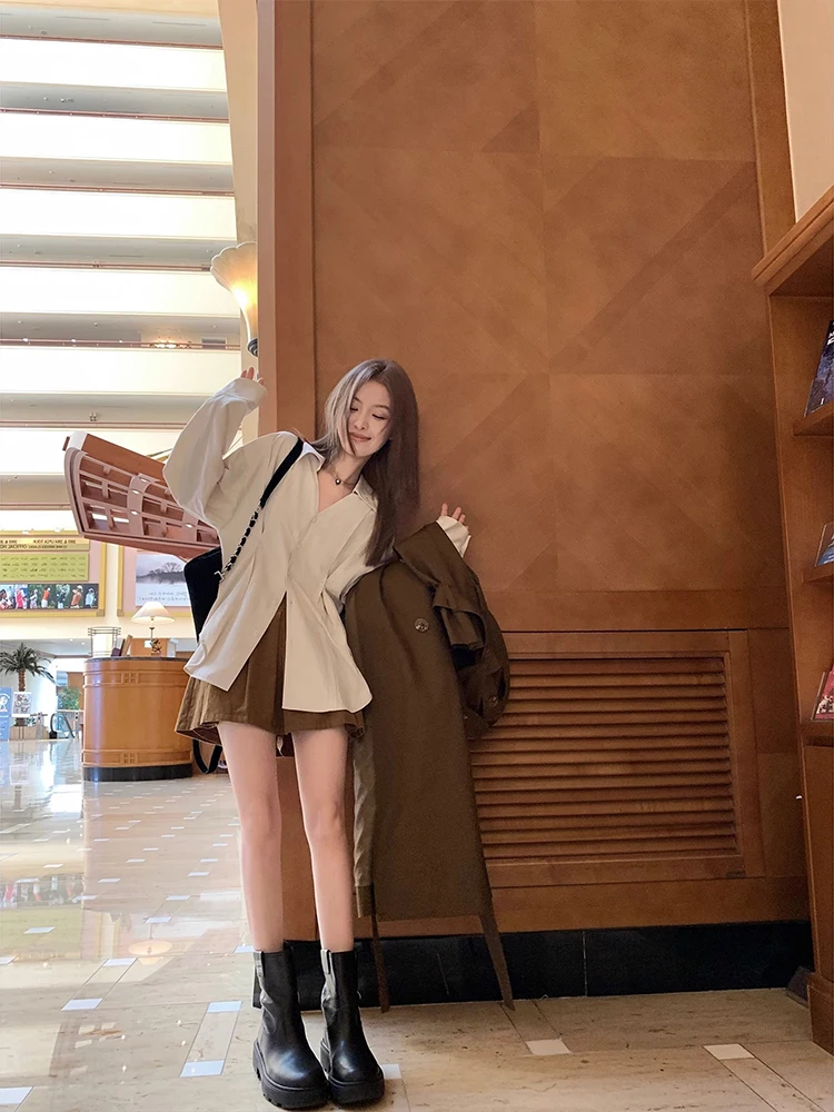 

Женская рубашка с длинным рукавом, утягивающая талию, с V-образным вырезом, средней длины, свободного кроя, на пуговицах, в корейском стиле, однотонная, базовая модель для повседневной носки