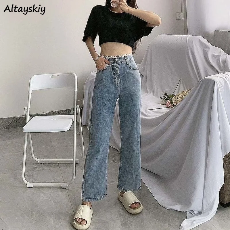 

Jeans Women Casual Lace Vintage Retro Spring All-match Streetwear Elegant High Waist Fashion Ulzzang Sweet Wide Leg Loose New