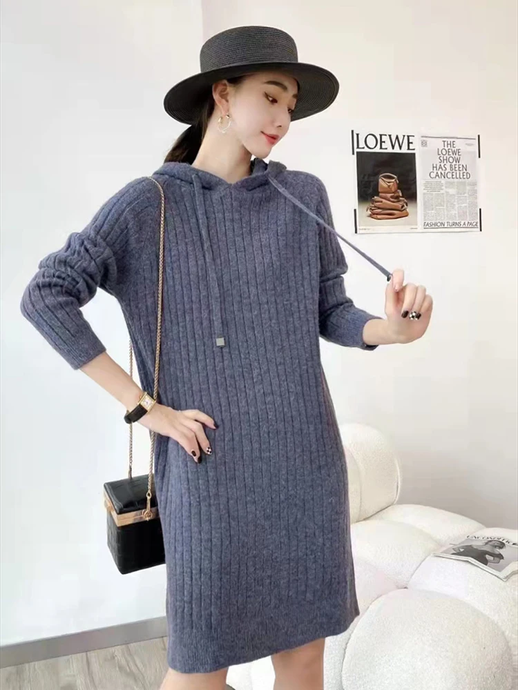 2023Autumn And Winter New Hooded Knitted Wool Gown Ladies' Drawstring Long Loose Sweater With Long Sleeves Inside Dress