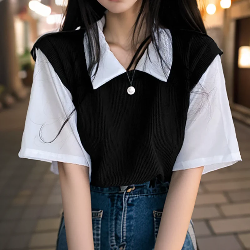 

Preppy Style Layered Fake Two Piece Women Short Sleeve Polo T Shirts Hit Color Sweet Fashion All-match Oversized Clothing Dating