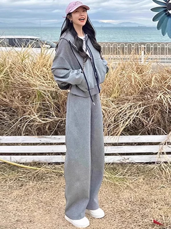 

Gray Korean Style Casual Sportswear Set Women's Autumn Fashion Youthful Wide Leg Pants Two Piece Set High End Feelings