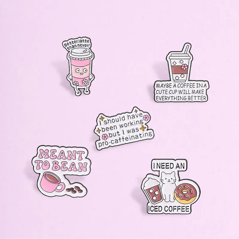 New Cute Coffee Themed Enamel Pin Cartoon Cat Donut Iced Coffee Fun Slogan Alloy Badge for Scarf Backpack Clothing Decorative