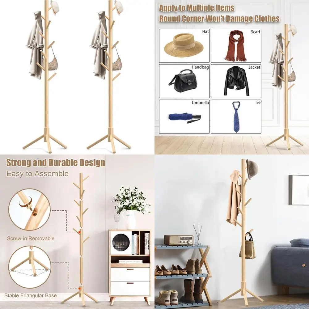 

Natural Wooden Coat Rack with 8 Hooks, Adjustable for Hats, Coats, and Bags, Ideal for Home or Office Entryway, Set of 2