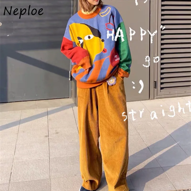 Neploe Japanese Style Women Sweaters O-neck Long Sleeve Cartoon Pattern Jacquard Female Pullover Loose Girl Autumn Knit Tops