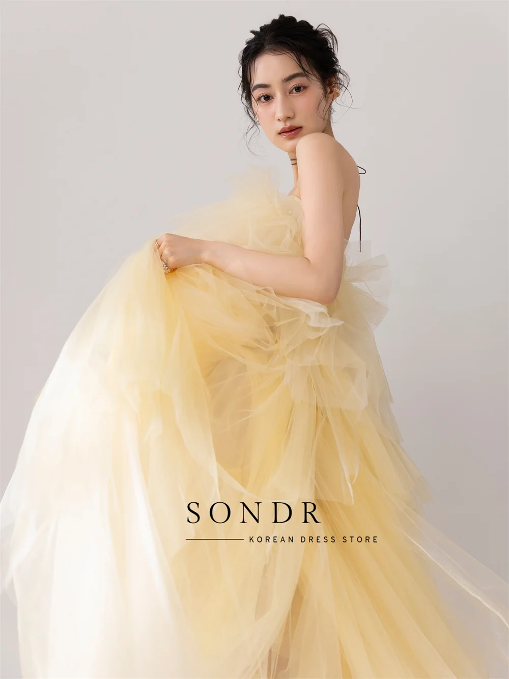 Sondr Pale Yellow Luxury Japanese Wedding Party Dress Formal Evening Gown Customized Tiered Tulle Korean Photography Gown Women