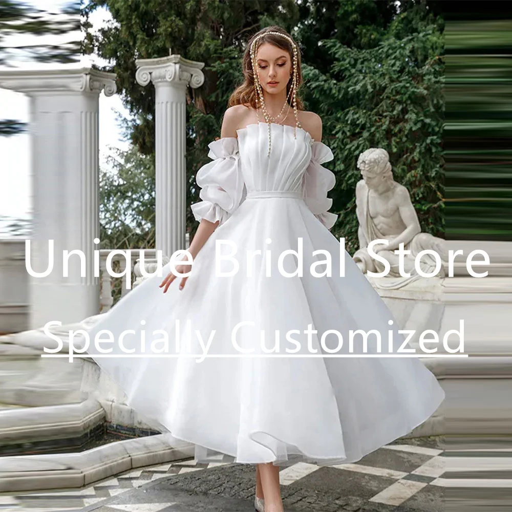 Customized Wedding Dress For women Bride Scalloped Organza A-Line Lace-up Detachable Lantern Sleeve Tea-Length Bridal Dre