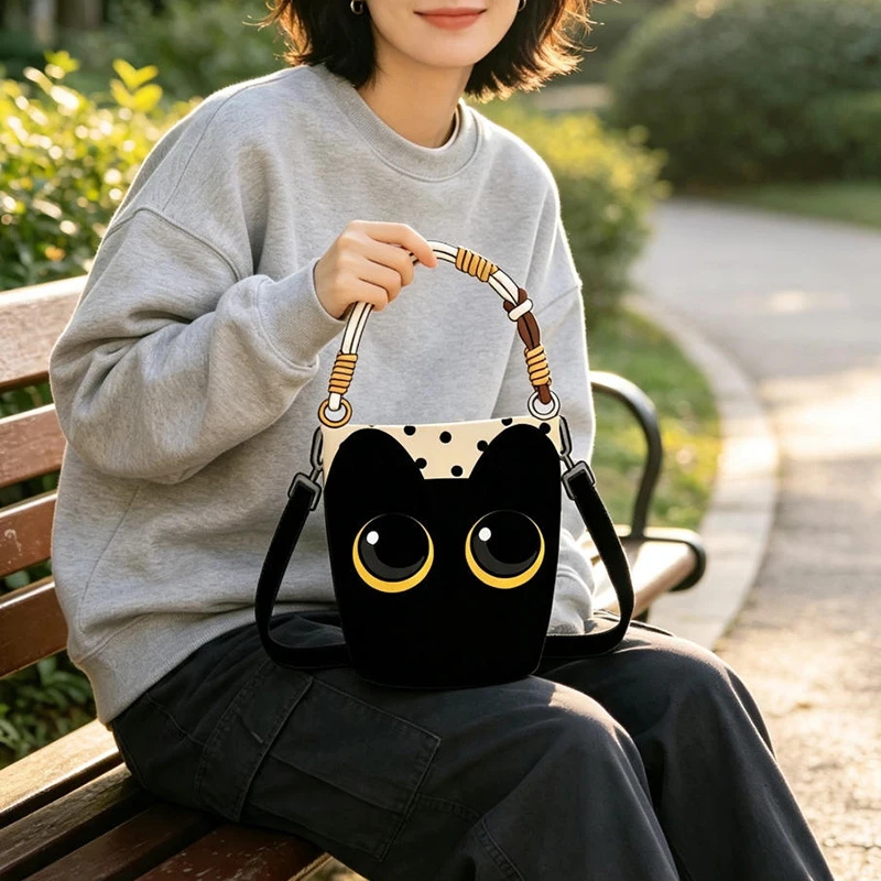Gepunktete Cartoon-Katzen-Canvas-Umhängetasche, Niedliche Schwarze Kätzchen-Beuteltasche, Geräumige Casual-Shopper-Tragetasche – Detail 8