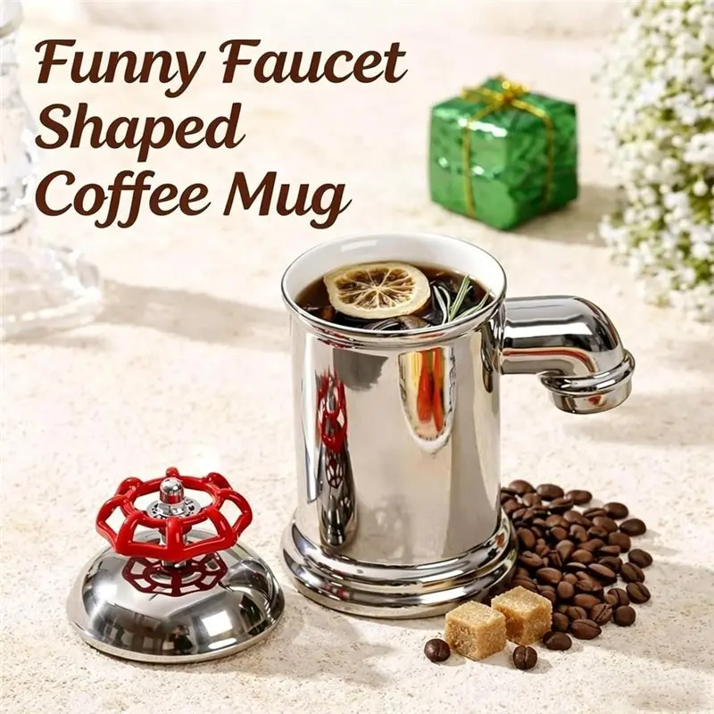 75STO-Funny Faucet Shaped Coffee Mug 11 Oz Cup With Rotating Lid And Ergonomic Handle Both Hot & Cold Beverage