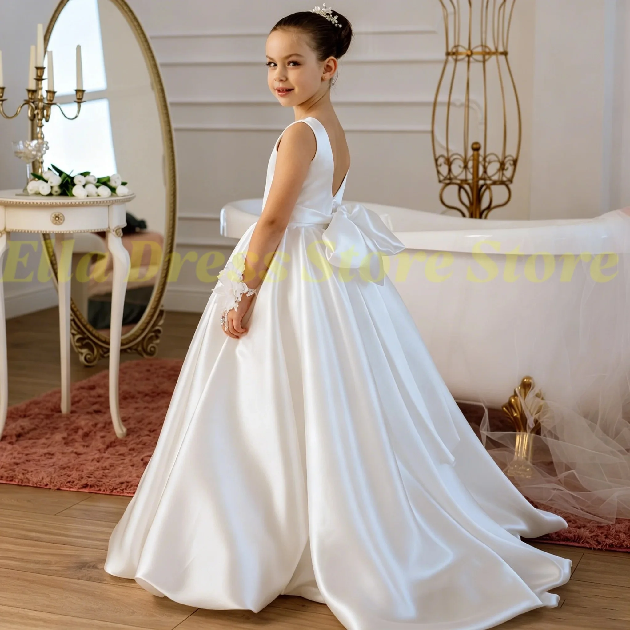 Satin-Kleider für die Erstkommunion für Kinder, ärmellos, mit Umhang, Blumenmädchenkleider mit Schleife für Hochzeit, Geburtstag, Veranstaltung, maßgeschneidert, Großhandel – Detail 2