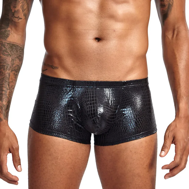 Mens Snake Skin Leather Sexy Underwear Boxers Brand Open Front Crotchless Boxer Shorts Men U Convex Low Waist Male Underpants