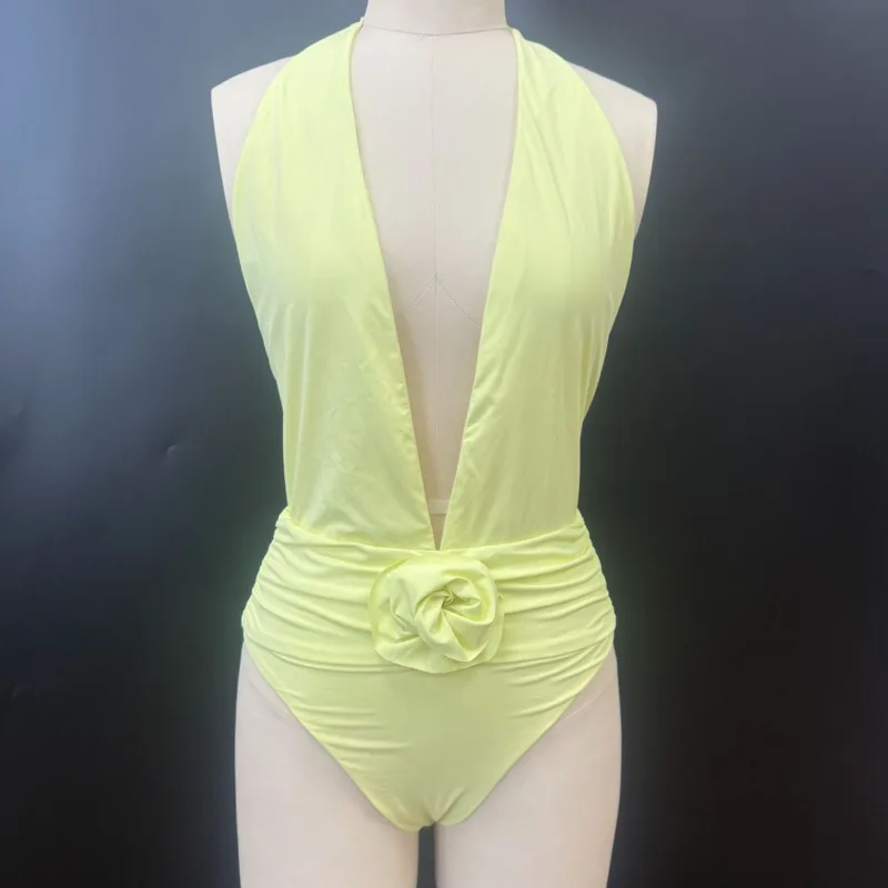 3D Floral Swimsuit Bikini Set Women Summer 2025 Eur Us Ru Solid Color Sexy Low Waist Lace Up Biquini Beach Swimsuit Jumpsuit New