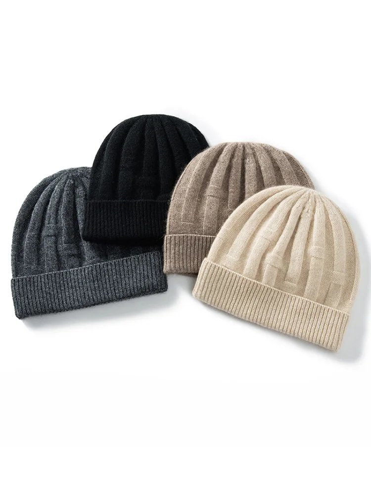 MELILAMB Winter New Men\'s Knitted Warm 100% Cashmere Hat Casual High Quality Pullover Cap Ear Protection Warm Wool Skullies