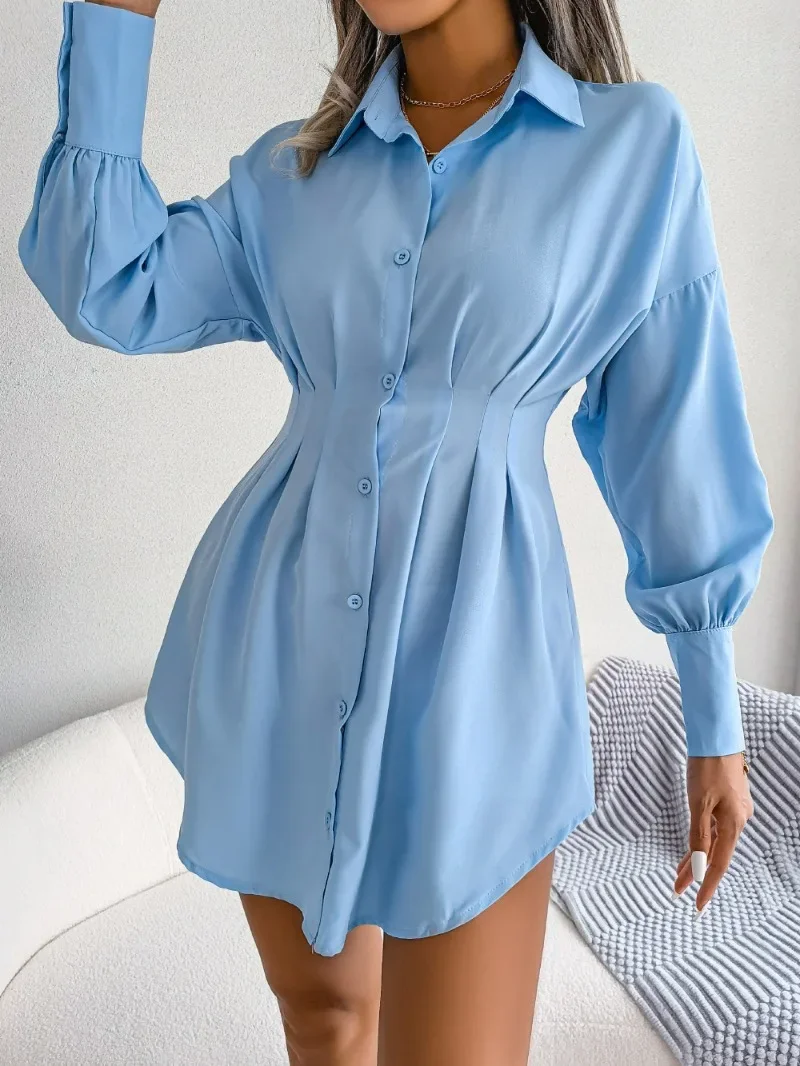 

Women Shirts Dress Office Lady Long Lantern Sleeve V-Neck High Waist Mini Dress Solid Shirt Tunic Dress Korean Dresses Платье