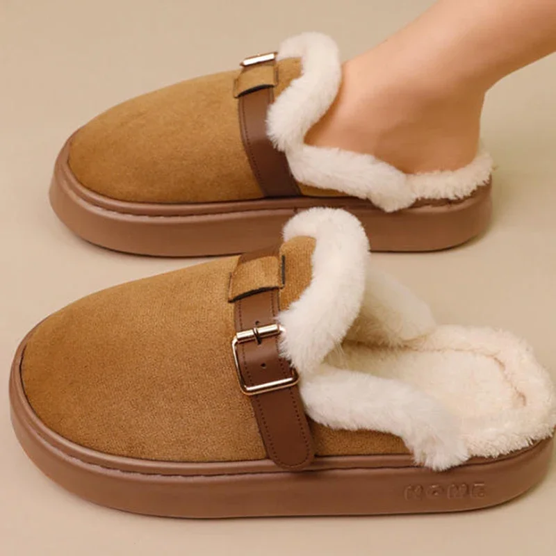 Winter Platform Plush Mules Slippers Women Fashion Belt Buckle Thick Plush Warm Home Fluffy Slides Outdoor Non Slip Cotton Shoes