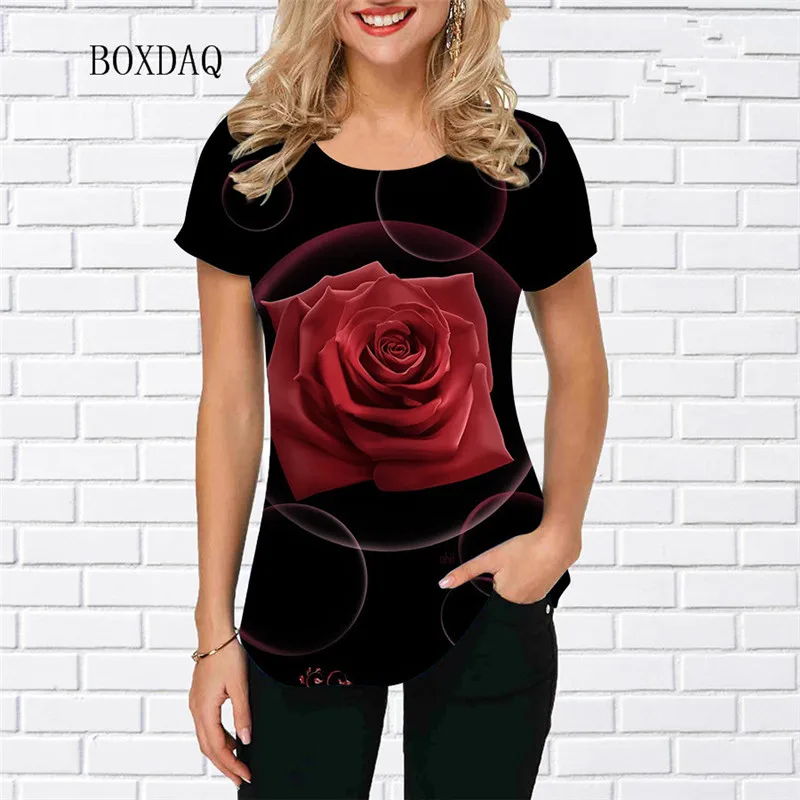 Short Sleeve Floral Pattern T-shirts For Women Summer 3d Flower Printed Casual T Shirt Streetwear Round-Neck Female Tops Tees