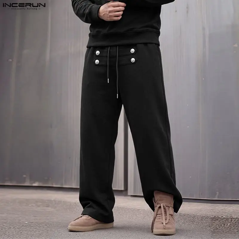INCERUN Men's Pants Solid Drawstring Joggers Loose Casual Trousers For Man Streetwear Cozy Fashion Leisure Male Pants Pantalones