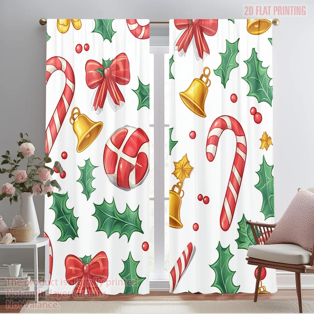 2pcs,2D plane printing Curtains Digital Printed Christmas Candy Holly Bells (3) Polyester Easy Install (without rod) Decorations