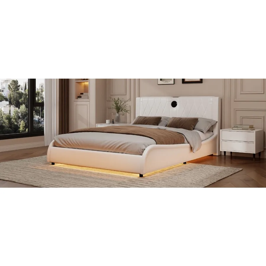 เตียงแพลตฟอร์มหุ้มหนังเทียมหรูหราขนาดควีนไซส์พร้อมลําโพงบลูทูธบอร์ดหนาและไฟ LED RGB ไม่มีกล่อง Spr