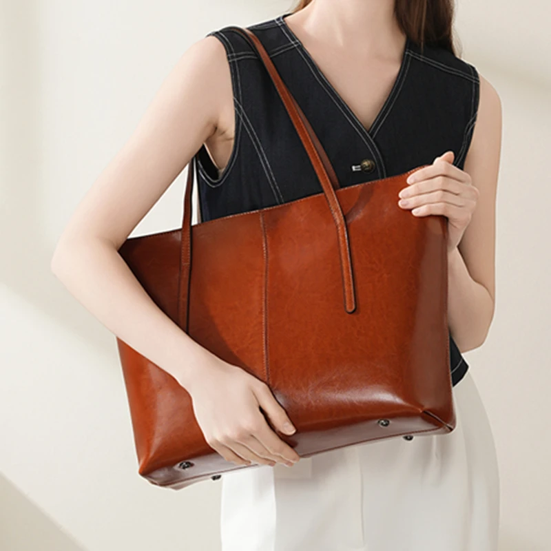 

BURMINSA Retro Oil Wax Genuine Leather Handbag For Women 2026 Designer Large Capacity Office Tote Elegant Business Shoulder Bags
