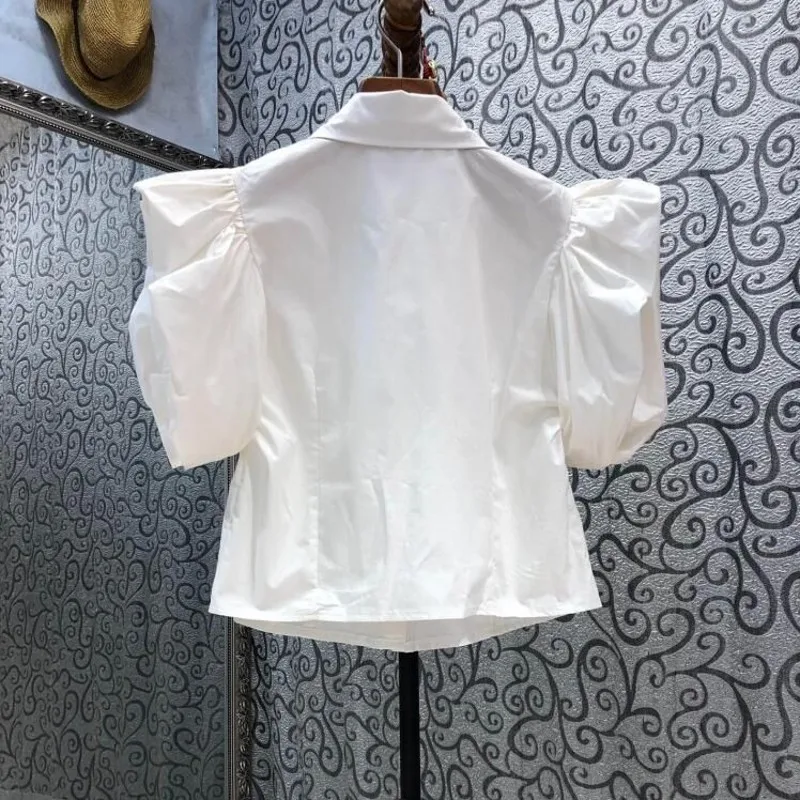Neploe Chic Vintage Blouses Femme French Beaded Lapel Puff Sleeve Shirt 2024 Summer New Design Versatile Slim Fashion Blusas