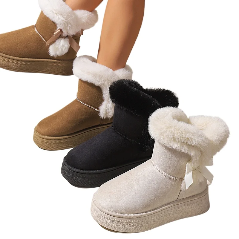 

Women's Bowtie Decor Platform Snow Boots 2025 Winter Non Slip Thick Bottom Ankle Boots Woman Warm Thicken Plush Cotton Shoes