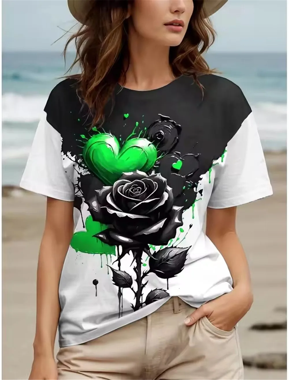 Fashion Love Heart And Floral Women T-Shirts Summer Short Sleeve 3d Flower Print Street Ladies T Shirt 3XL Plus Size Casual Tops