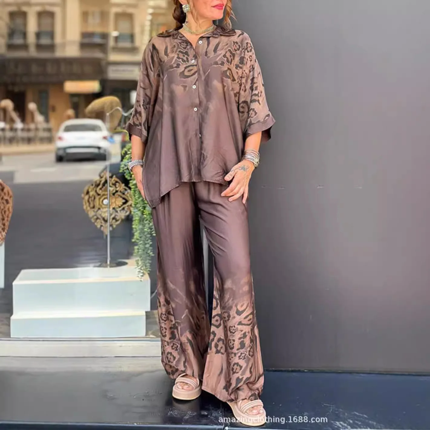 Wiosna Jesień Moda Leopard Print 2-częściowy zestaw damski Casual Loose Leopard Print Button Shirt Wide Leg Pants Two Piece Set Women