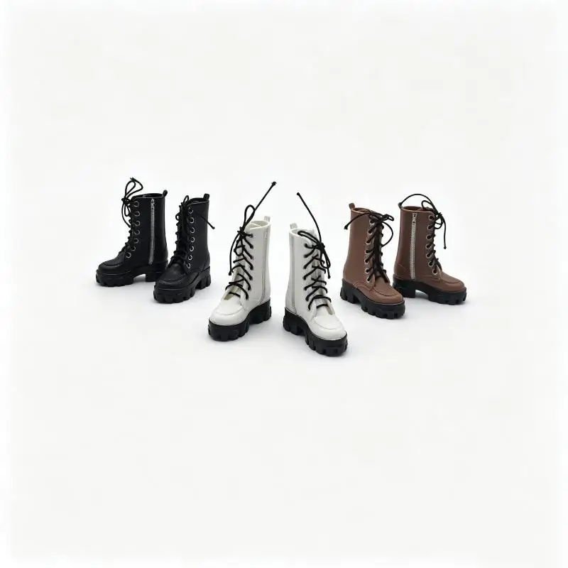 1/12 Doll High Ankle Boots 1 Pair Lace Up Side Zipper Thick Sole Mini Shoes for Doll Hobbyist DIY Dress Up