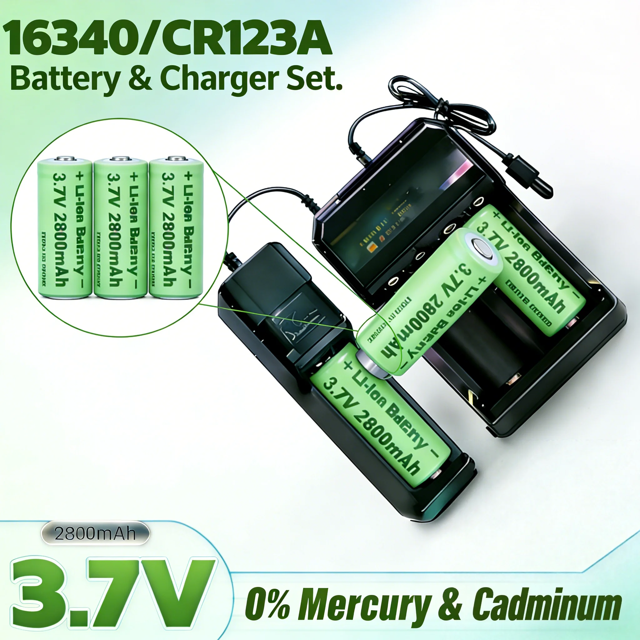 

2800mAh 3.7V CR123A Rechargeable Battery Kit with USB Travel Charger for High Power Flashlight 16340 Li-ion Batteries