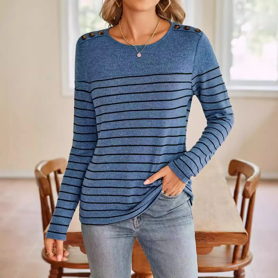 

Autumn Long Sleeves T Shirt Minimalist Stripes Crew Neck Women's T-shirts Fashion Casual Tops Daily Loose Women Clothing