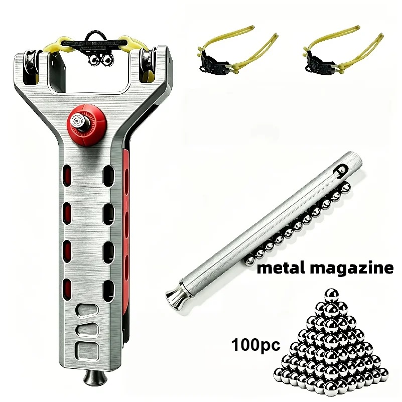 Automatic loading slingshot with a magazine, equipped with a metal automatic magazine containing 100 glass