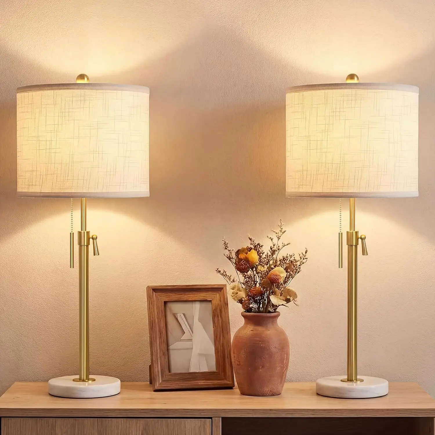 

Набор из 2 настольных ламп с регулируемой высотой, льняным абажуром, выключателем на цепочке и 3-ступенчатой регулировкой яркости для спальни, прикроватной тумбочки или гостиной