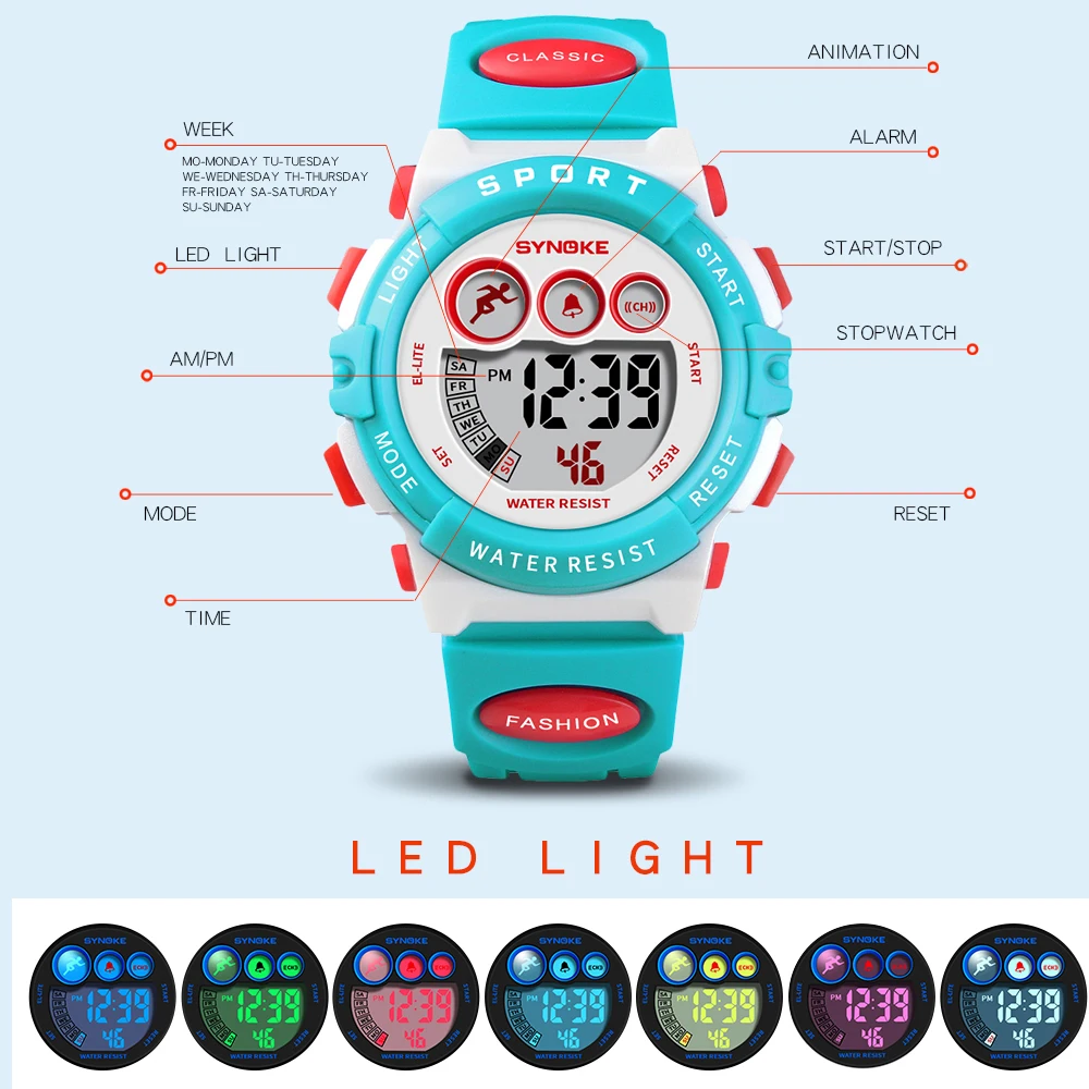 Kids Digital Sports Watch For Boys Girls SYNOKE 9802 Waterproof Casual Electronic 7 Colorful Led Watches With Alarm Luminous