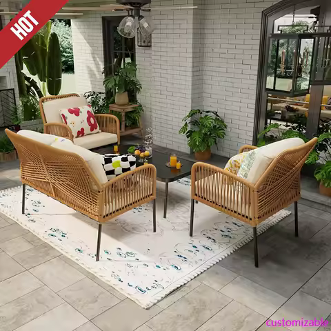 4 Piece Boho Patio Furniture Set, Outdoor Conversation Set, with Coffee Table for Apartment, Balcony Deck Porch, Beige