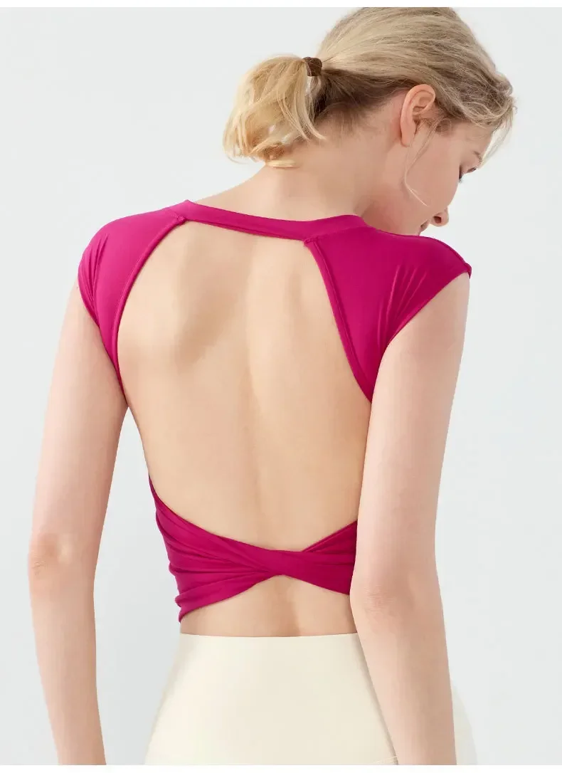 Fitness Sports Bra Yoga Gym Fixed Running Short Sleeve Backless Vest Top with Chest Pad T-Shirt Sexy Waist-Hugging Clothing