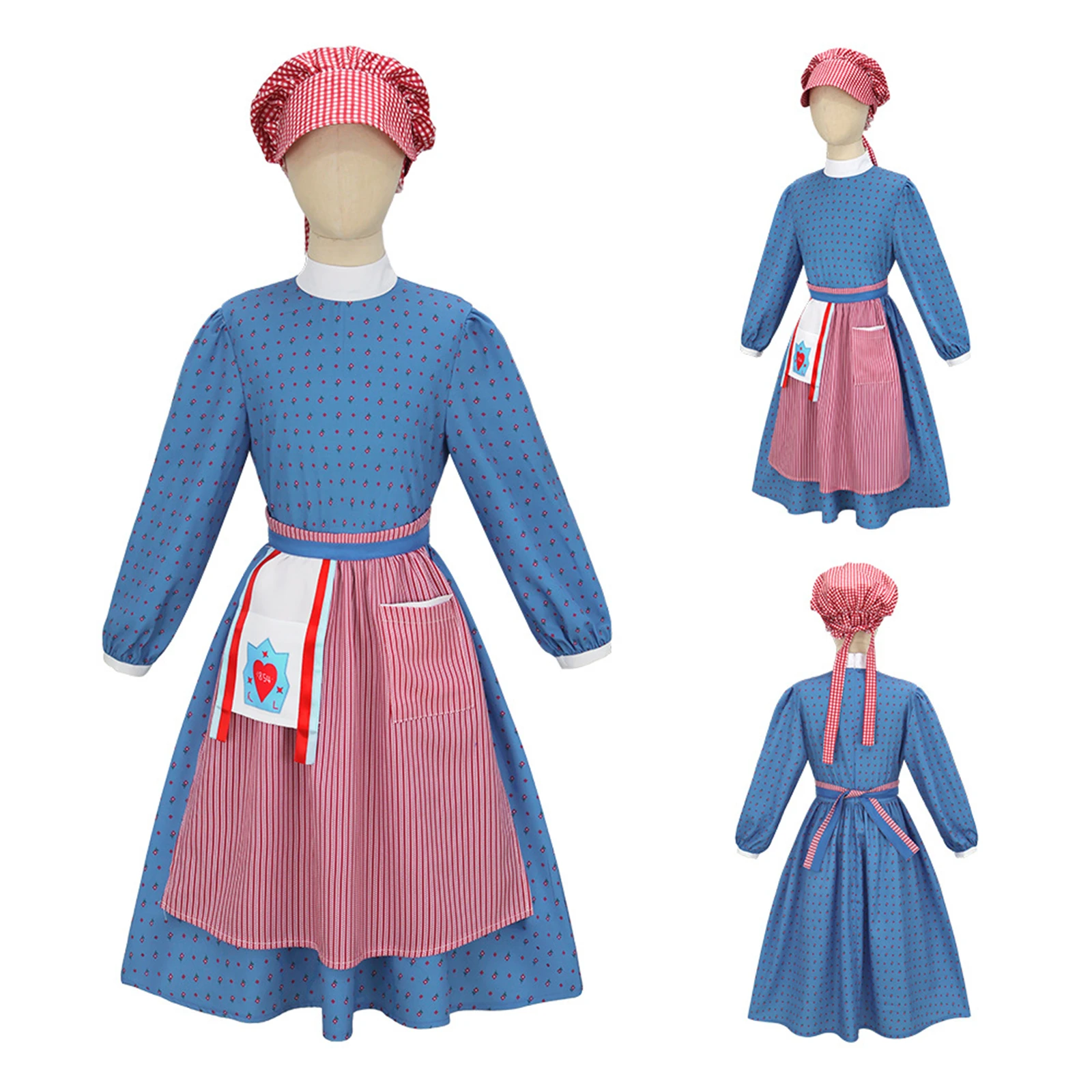 

Kirsten Larson Cosplay Costume Girl Blue Floral Dress With Apron Hat Children'S Stage Performance Costume Halloween Uniform