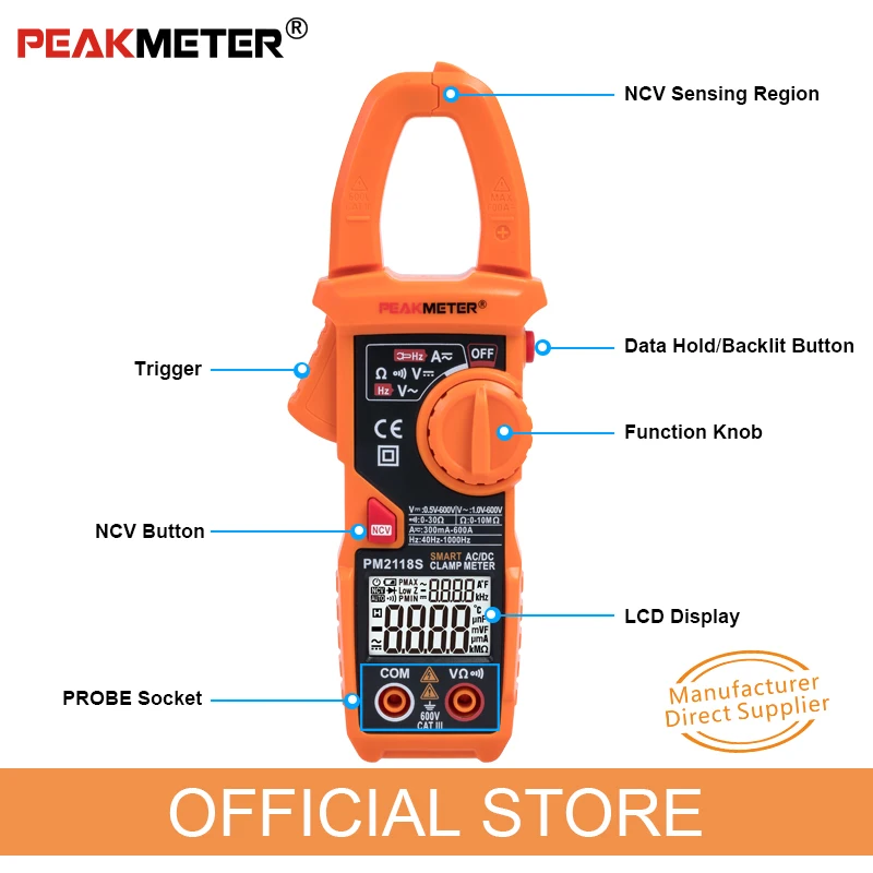 PEAKMETER PM2118S Clamp Meter Portable Smart Multimet AC / DC Digital Current Clamp Voltage Resistance Continuity Test With NCV