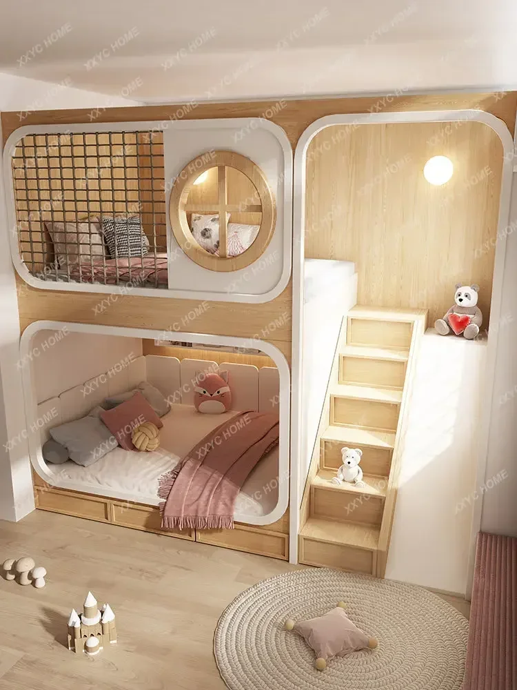 Children's Room Whole House Custom Slide Tree House Upper and Lower Bunk Bunk Bed High Guardrail Sister and Brother Attic Bed