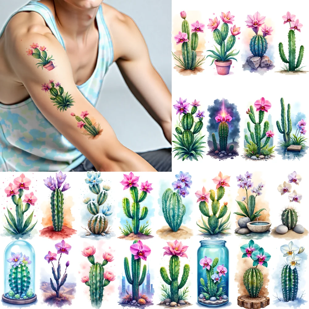 9pcs Temporary Tattoo Cactus Watercolor Watercolor Flower Temporary Tattoo Stickers For Chest Cheeks