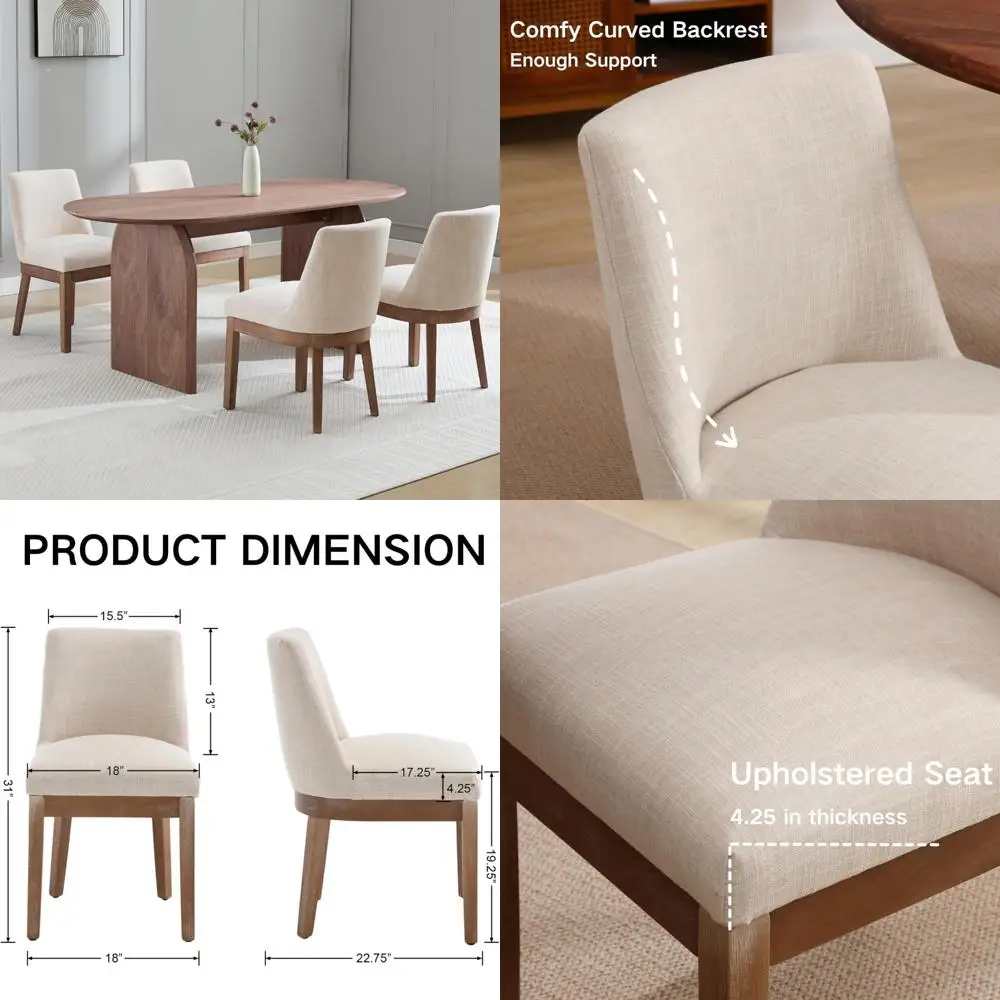 set of 4 linen-upholstered parsons chairs with brown wooden legs for farmhouse dining