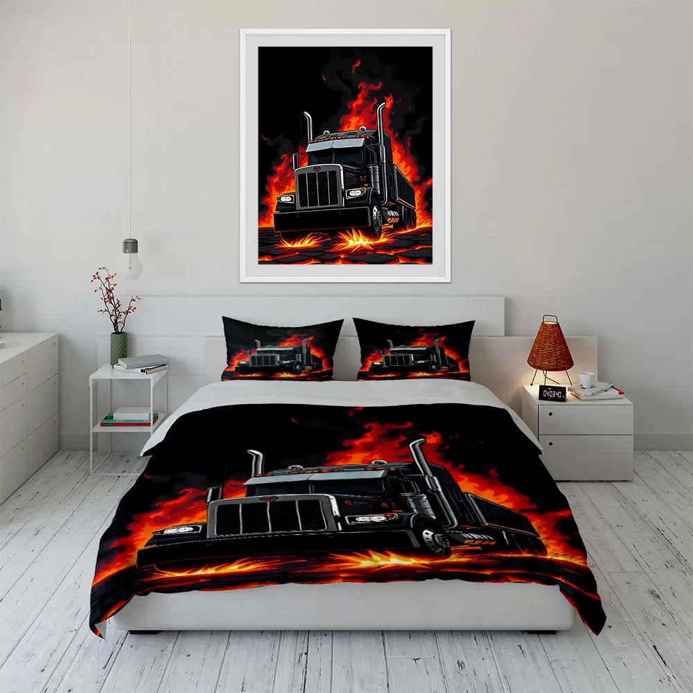 Black truck through fiery terrain Pattern Duvet Cover Set Digital Print Colorful Polyester Bedding with Zipper Closur for gift 4