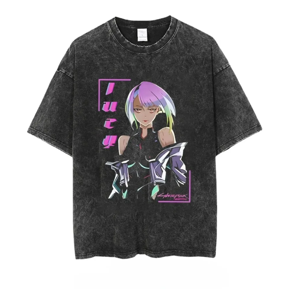

Men's T Shirt Cyberpunk Rebecca Print Casual Vintage Washed Short Sleeved Tee Anime Summer Womens Oversized Gym Harajuku Top