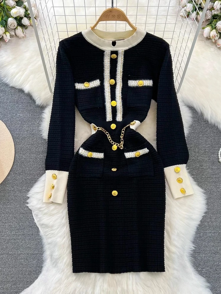 Women Dress 2024 Autumn Winter Brand Fashion Chain O-neck Buttons and Pockets Bodycon Sweater Dress Office Lady Knit Vestidos