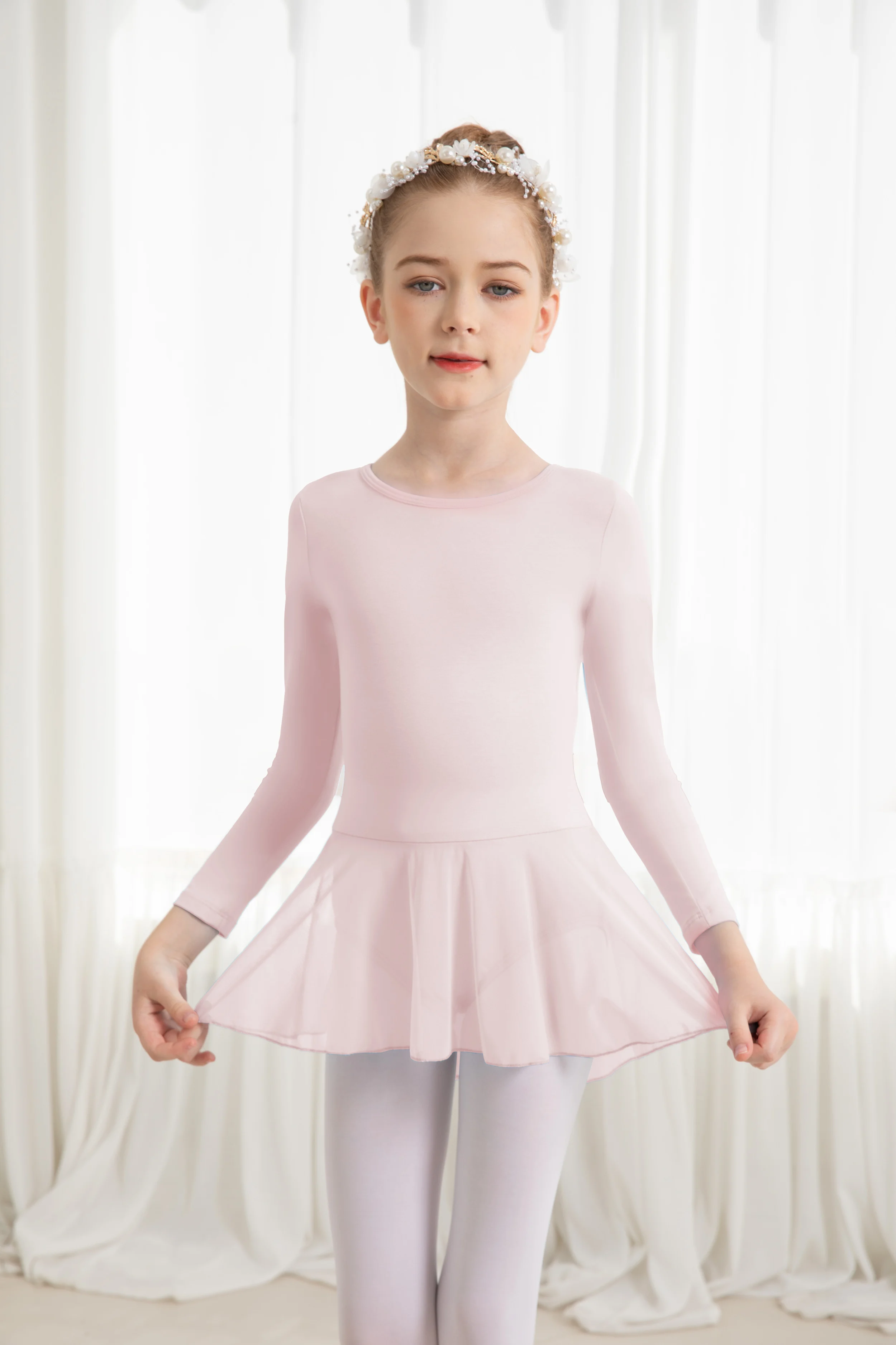 Girls Ruffle Sleeve Ballet Leotard with Mesh Hi-Low Skirt Dance Dresses, Water-drop Hollow Back